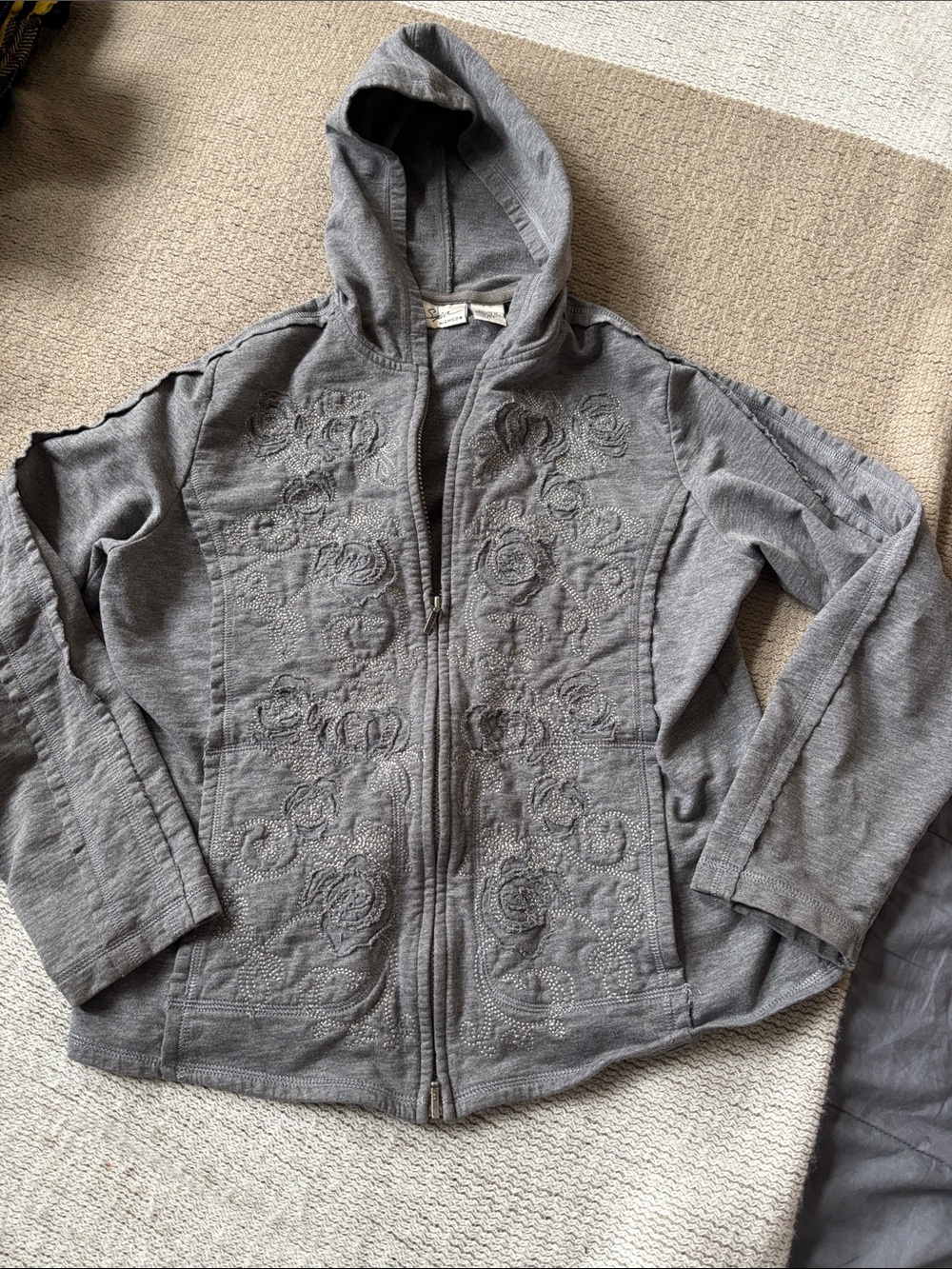 Chico's Gray Hooded Zip Hoodie with Embroidered Floral Detail